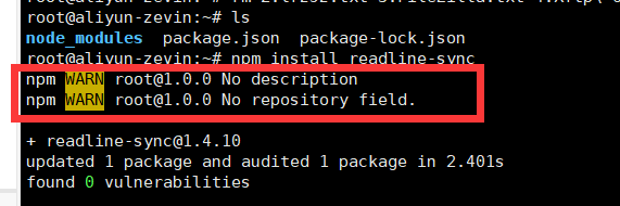 npm安装模块的 npm WARN root@1.0.0 No description 和 npm WARN root@1.0.0 No repository filed 的解决方法 - 图1