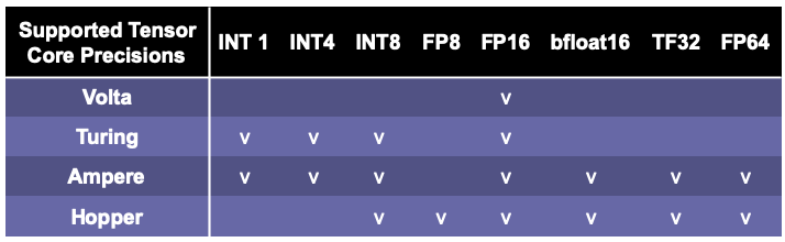 带有Tensor Core的NVIDIA架构支持不同的精度