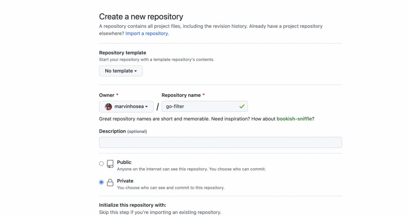 Visual image of creating a new private repository within GitHub