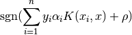 \operatorname{sgn}(\sum_{i=1}^n y_i \alpha_i K(x_i, x) + \rho)