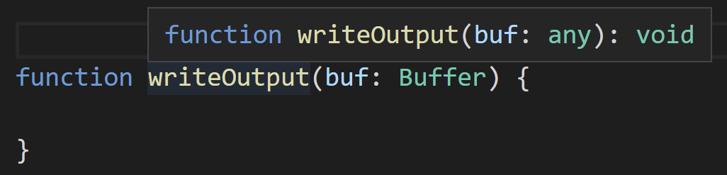 Hovering over a signature where `Buffer` isn't found, TypeScript replaces it with `any`.