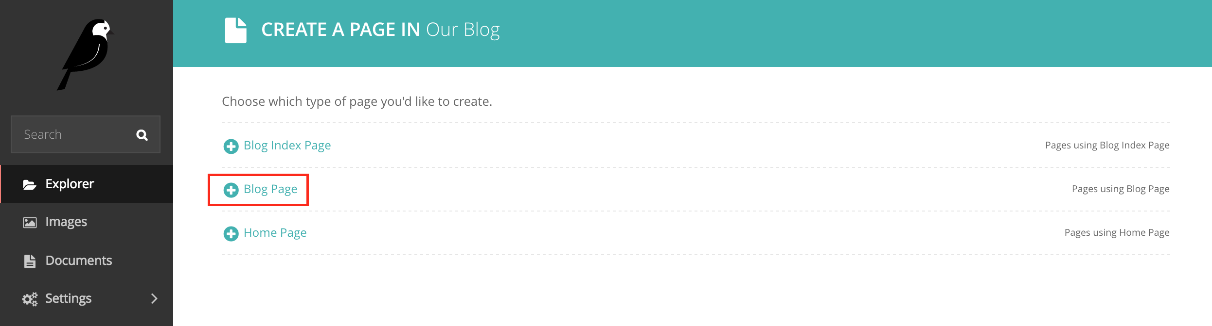 创建一个类型为BlogPage的博客文章页面