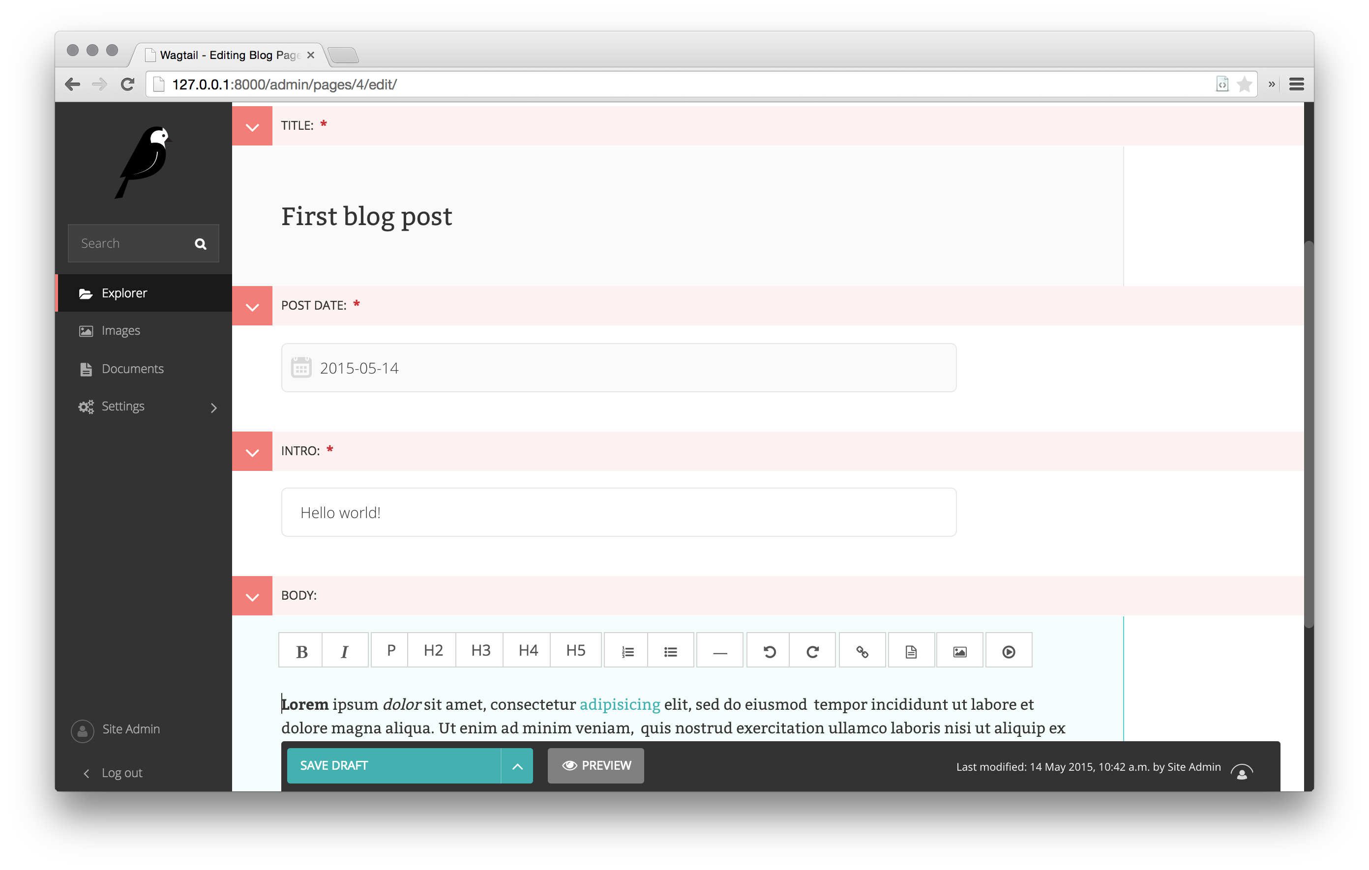 创建一个类型为BlogPage的博客文章页面