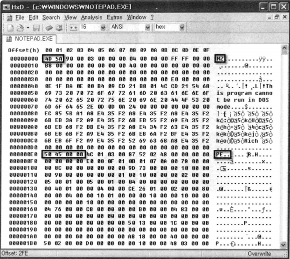 C(2O$`~OAKI[QBCLMSXOGK5.png](https://cdn.nlark.com/yuque/0/2020/png/554486/1582278794191-41f840a5-4647-45ff-a6c1-4ff12ce51fad.png#align=left&display=inline&height=121&name=C%282O%24%60~OAKI%5BQBCLMSXOGK5.png&originHeight=121&originWidth=746&size=50310&status=done&style=none&width=746)<br />严格地说，OBJ（对象）文件之外的所有文件都是可执行的。DLL,SYS文件等虽然不能直接在Shell(Explorer.exe)中运行，但可以使用其他方法（调试器、服务等）执行。<br />提示：根据PE正式规范，编译结果OBJ文件也视为PE文件。但是OBJ文件本身不能以任何形式执行，在代码逆向分析中几乎不需要关注。<br />以记事本（notepad.exe）程序进行简单说明，首先使用Hex Editor打开记事本程序。<br />图示处为notepad.exe文件的起始部分，也是PE文件的头部分（PE header）。notepad.exe文件运行需要的所有信息就存储在这个PE头中。如何加载到内存、从何处开始运行、运行中需要的DLL有哪些、需要多大的栈/堆内容等，大量信息以结构体形式存储在PE头中。换言之，学习PE文件格式就是学习PE头中的结构体。<br />提示：书中将以Windows XP SP3的notepad.exe为例进行说明，与其他版本Windows下的notepad.exe文件结构类似，但是地址不同。<br />![TQ}MGO`~THKZD{C%4]3%]ZM.png