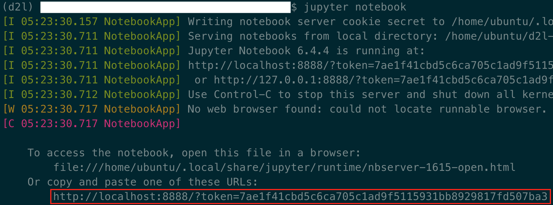 运行Jupyter Notebook后的输出（最后一行是端口8888的URL）