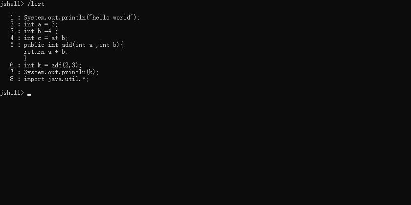 JShell列出当前session里面的所有有效代码片段.png