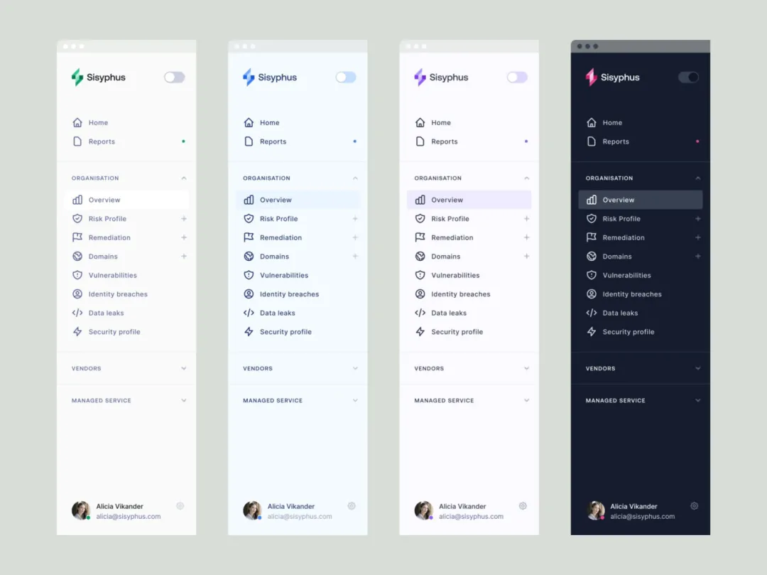 Sisyphus™ — dashboard sidebar colour variations by Jordan Hughes
