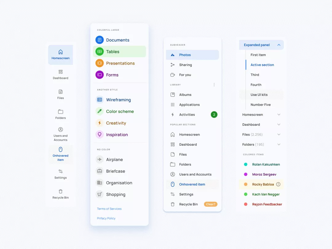 Side navigation components for Material X Ui kit by Roman Kamushken