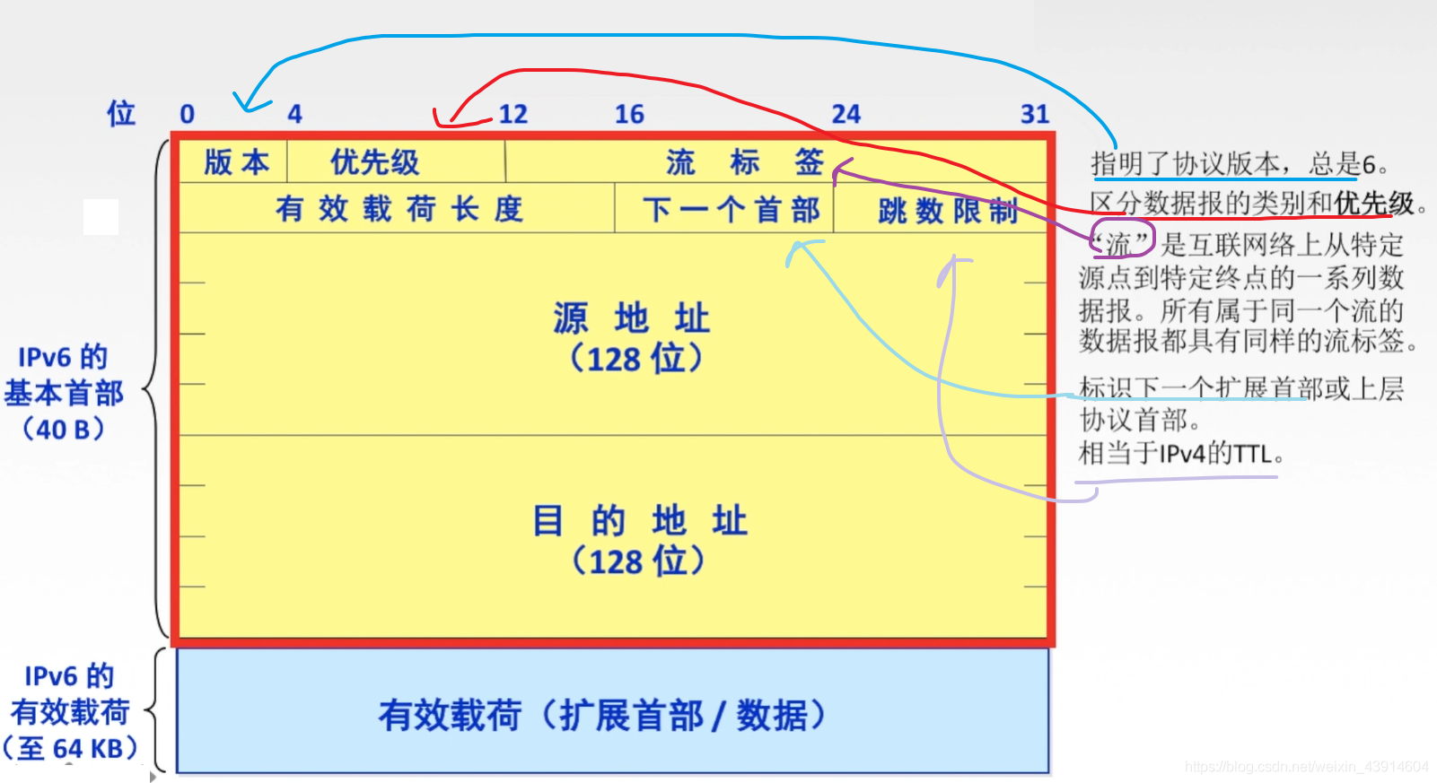 4.4 IPv6(诞生原因、数据报格式、与IPv4的不同、地址表现形式、基本地址类型、IPv6与IPv4的过渡策略) - 图6