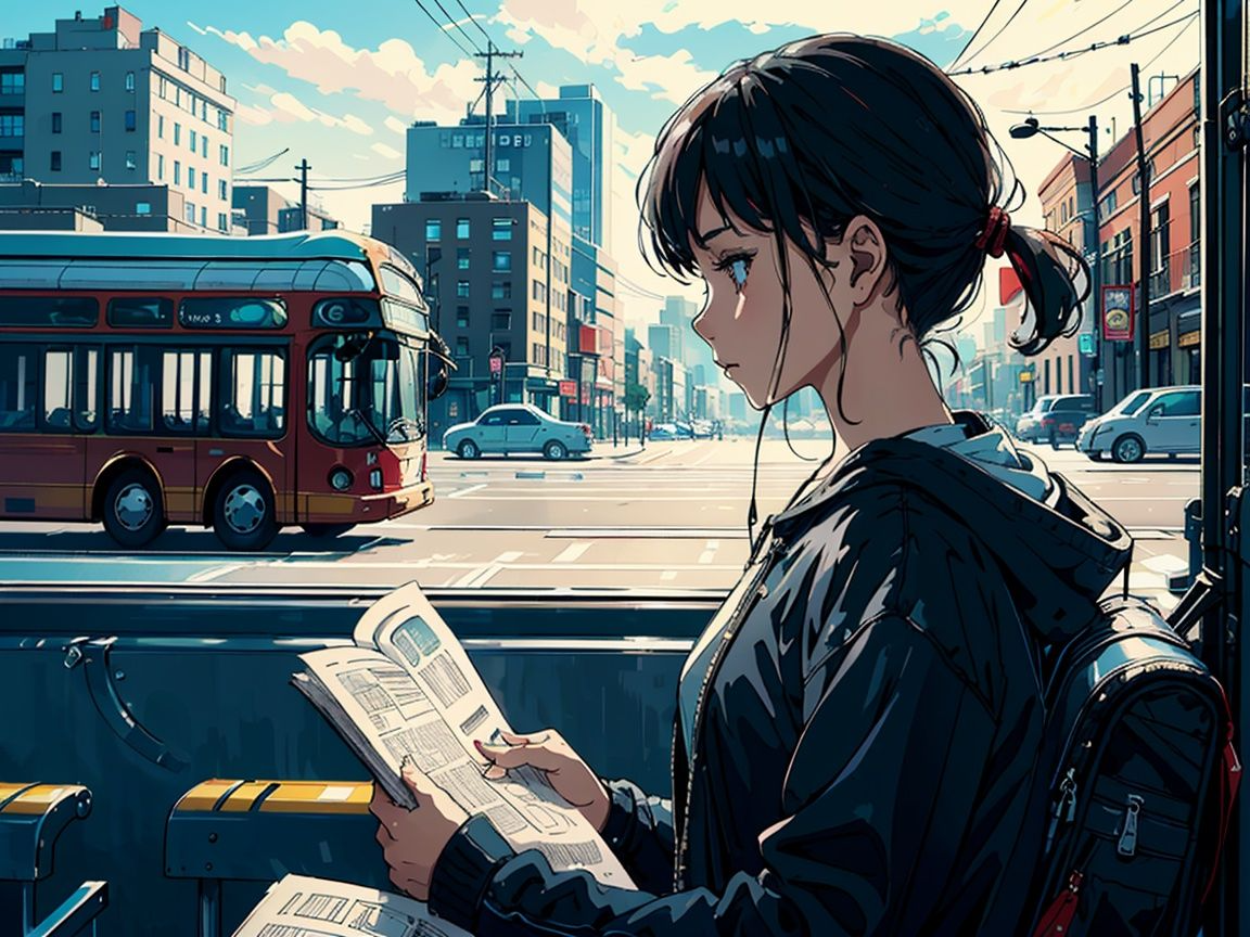 1girl, beautiful, solo, (establishing shot:1.5), (side view:1.5), in a bus, reading