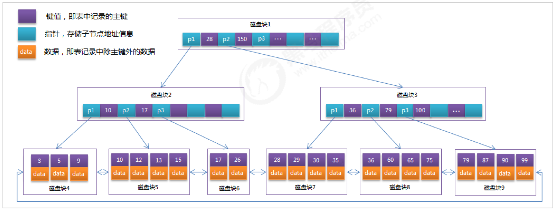MySQL 的B+Tree索引结构示意图