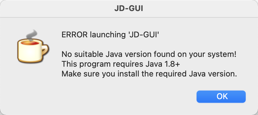 解决mac已经安装jdk1.8但是Java反编译工具JD-GUI还是报错找不到java 1.8 - 图1