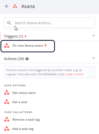 Asana 节点操作列表的截图，展示了推荐操作位于顶部