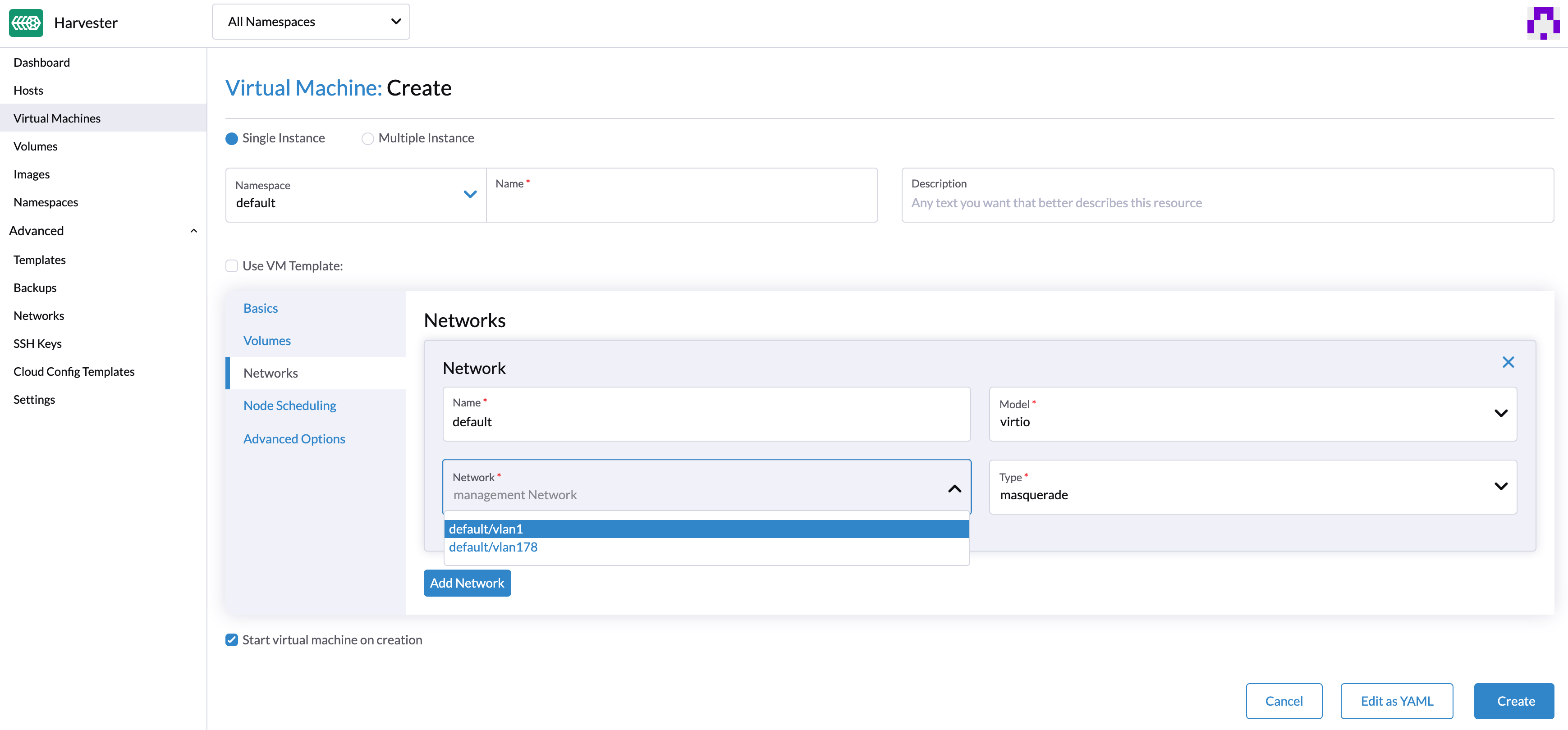 description: Harvester 构建在 Kubernetes 之上，而 Kubernetes 使用 CNI 作为网络提供商和 Kubernetes Pod 网络之间的接口。因此，我们也基于 CNI 实现 Harvester 网络。此外，Harvester UI 集成了 Harvester 网络，来实现用户友好的虚拟机网络配置。 - 图7