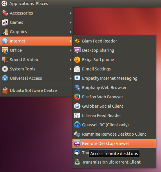 VNC in Ubuntu Applications menu