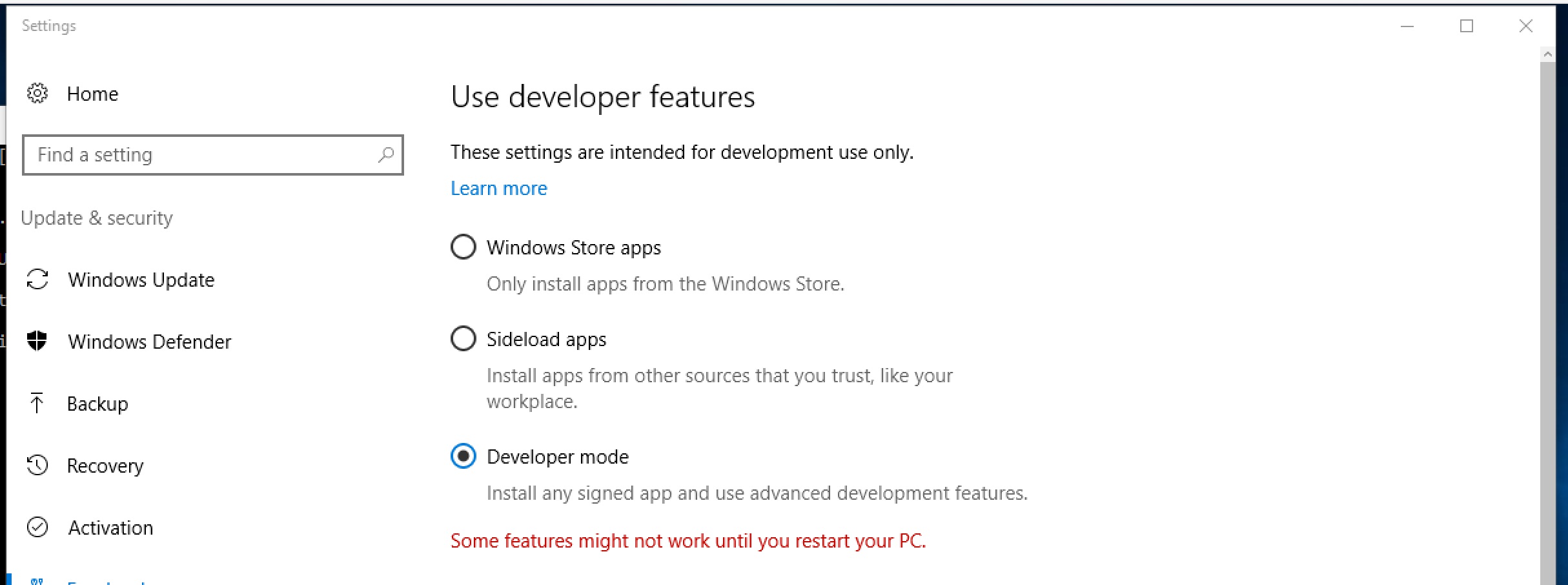 Select Developer mode in Update & Security