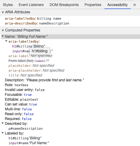 Chrome 开发者工具正在根据 aria-labelledby 和 aria-describedby 展示 input 的无障碍访问名和无障碍访问描述信息
