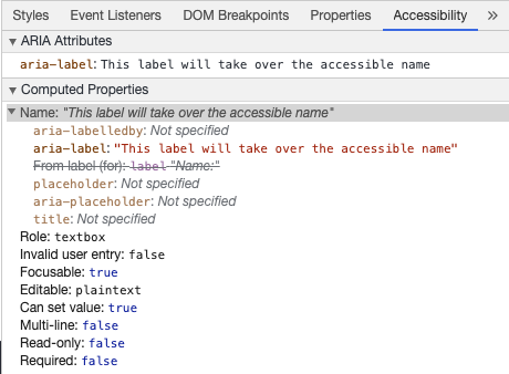 Chrome 开发者工具正在通过 aria-label 展示无障碍访问的 input 框名字