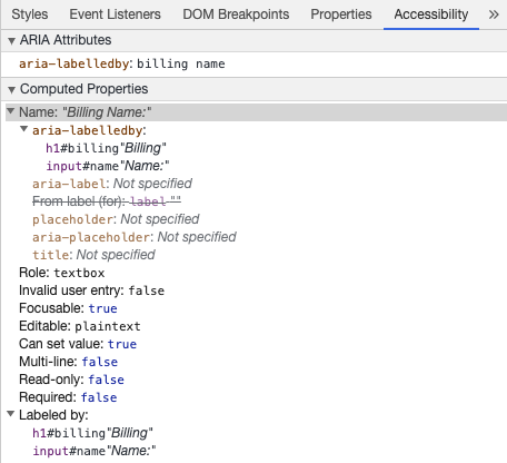 Chrome 开发者工具通过 aria-labelledby 展示 input 的无障碍访问名称