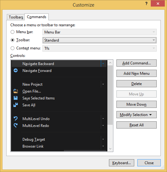 Visual Studio customize toolbar