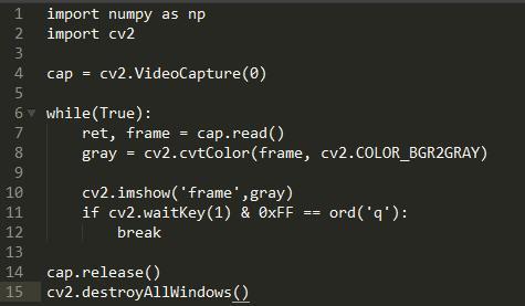 1  2  3  4  7  3  9  10  11  12  13  14  15  import numpy as np  import cv2  cap = cv2. VideoCapture(Ø)  while(True)  ret, frame = cap. read()  gray = cv2. cvtC010r(frame,  cv2. imshow( 'frame ,gray)  if cv2. waitKey(1) & øxFF  break  . release()  cap  destroyA11Windows ( )  cv2.  cv2. COLOR 8GR2GRAY)