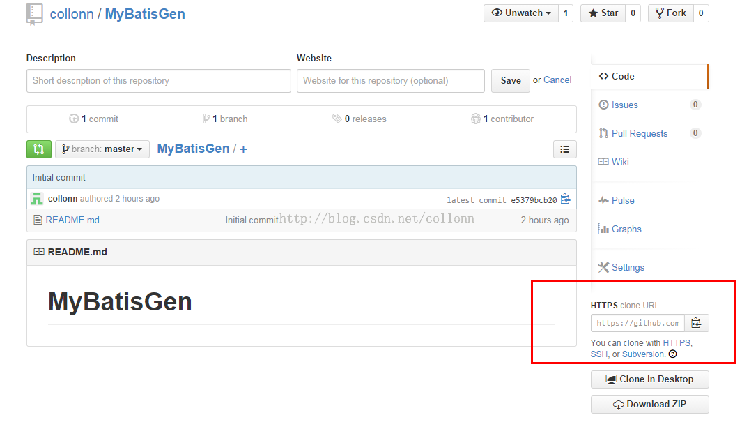 计算机生成了可选文字: collonn I MyBatisGen  Description  Short description of this repository  Website  Website for this repository (optional)  O releases  Unwatch  Save or Cancel  contributor  Star  O Code  O Issues  n Pull Requests  Wiki  pulse  Graphs  Settings  HTTPS clone URL  Fork  G) 1 commit  branch  master •  Initial commit  V 1 branch  MySatisGen / +  collonn authored 2 hours ago  e README.md  README.md  MyBatisGen  latest commit eS379bcb2ø  Initial commithttp : /  csdn„ net/ collonn  2 hours ago  https : / /github. con  You can clone with HTTPS,  SSH, or Subversion  Clone in Desktop  Download ZIP