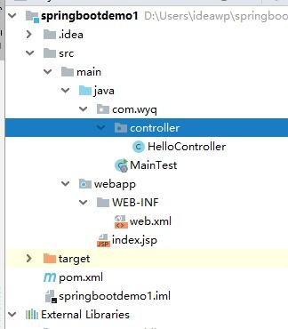 spri ngbootdemo 1  .ldea  Java  controller  HelloController  M a i nTest  we ba pp  web.xml  i ndexjsp  ta rget  pom.xml  m  spri ng bootdemo I .i ml