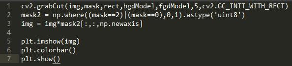 1  2  6  7  cv2. rect, INIT WITH RECT)  np. where( (mask==2) I (mask==Ø) 1) . astype( uint8 )  mask2  , np. newaxis \]  Img —  plt. imshow(img)  plt. colorbar()  plt. show()
