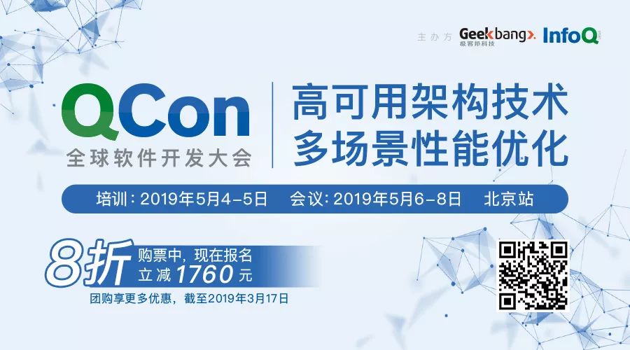 QCon  全 球 软 件 开 发 大 会  培 训 ： 2019 年 5 月 4 一 5 日  8 折  购 票 中 ， 现 在 报 名  立 减 176 0 兀  团 购 享 更 多 优 惠 ， 截 至 2C19 年 3 月 17 日  Geekbang>.