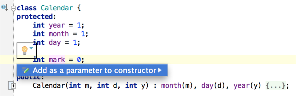 •l eclass Calendar { protected : int year = 1; int month = 1; •nt day = 1; nt mark = Add as a parameter to constructor Calendar(int m, int d, int y) : month(m), day(d), year(y)