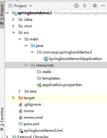 roject  spri ngbootdemo 3  .idea  Java  co m.vvyq.spri ng bootdem03  Spring bootdem03Application  resou rces  static  templates  a p plication. properties  > test  ta rget  .gitig no re  mv nw.cmd  pom.xml  m  spri ng bootdem03.iml