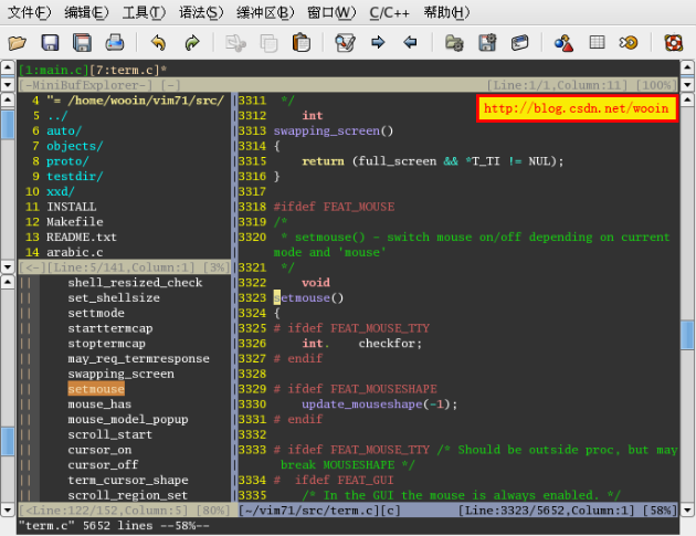 IRC)  vim71/ src/  O  auto/  7  objects/  proto/  8  test dir/  9  10 xxd/  INSTALL  Makefi le  12  13  READHE.txt  arabic . c  14  shell_resized_check  set_shellsize  set t node  start ter•cap  st opt ermc ap  mav_r eq_t ermresponse  swappi n screen  311  312  313  314  315  316  317  318  319  320  3321  322  323  324  325  326  327  328  329  http:  int  swapp Ing—screen ( )  return (full—screen •T_TI  *ifdef FFAT_UCKISE  setlnouse()  switch mouse Off  node and •nouse•  void  tnouse()  ifdef FEAT. W)VSF  int .  endlf  checkfor ;  ifdef FFAT_WUSESHAPE