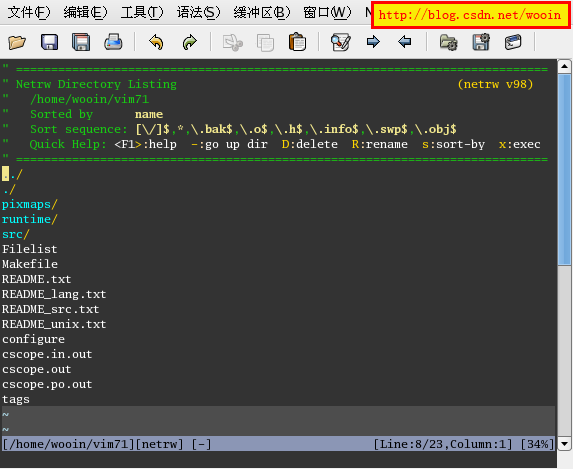SZ#F) iäi±S)  Net rw Directory Listing  /home/wooin/vim71  Sorted by  Sort sequence:  Quick Help:  pixmaps/  runtime/  src/  Filelist  Makefile  README. txt  README_1ang . txt  README_src . txt  README_unix . txt  c onf i gure  ht tp: //l  , . \ .0$ .\.h$ , info$ . \ .swp$ , X.'  — : go up dir D:delete R:rename s