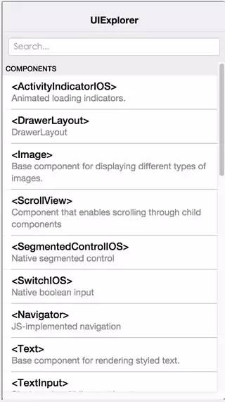 计算机生成了可选文字: UlExplorer  Search...  Animated loading indicators.  < DrawerLayout>  DrawerLayout  Base component for displaying different types of  images.  Component that enables scrolling through child  components  Native segmented control  Native boolean  JS-imptemented navigation  Base component for rendering styled text.  <Textlnput>