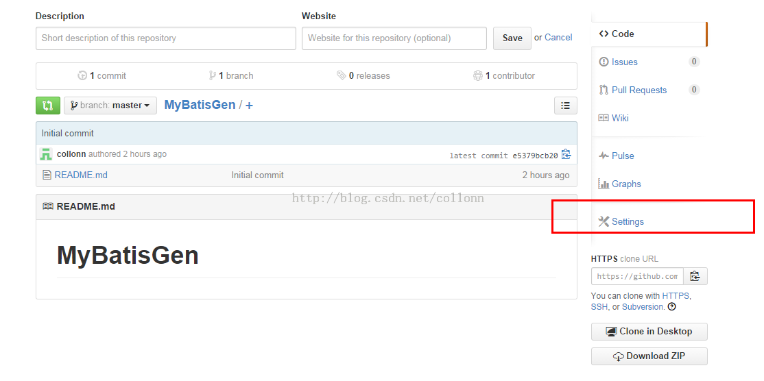 计算机生成了可选文字: Description  Website  Short description of this repository  Website for this repository (optional)  og„ cs  n. ne  Save or Cancel  contributor  G) 1 commit  branch  master •  Initial commit  V 1 branch  MySatisGen / +  O releases  collonn authored 2 hours ago  e README.md  README.md  MyBatisGen  latest commit eS379bcb2ø  Initial commit  p:  2 hours ago  co  onn  O Code  O Issues  n Pull Requests  Wiki  pulse  Graphs  Settings  HTTPS clone URL  https://github.con  You can clone with HTTPS,  o  SSH, or Subversion.  Clone in Desktop  Download ZIP