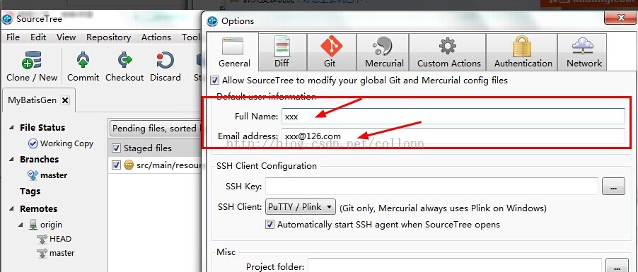 计算机生成了可选文字: SourceTre e  File Edit View Repository Actions  Clone / New Commit Checkout Discard  Options  General  Diff  Mercu rial Custom Actions Authentication  Networ  MyBatisGen  File Status  @Working Copy  Branches  Tags  Remotes  origin  Allow SourceTree to modi6/ your global Git and Mercurial config files  Full Name: xxx  Pending files, sorted  Staged files  src/main/reso  Email addr  @126  SSH Client Configuration  SSH Key:  SSH Client: PuTTY / Plink • (Git only, Mercurial always uses Plink on Windows)  Automatically start SSH agent when SourceTree opens  Misc  Project folder: