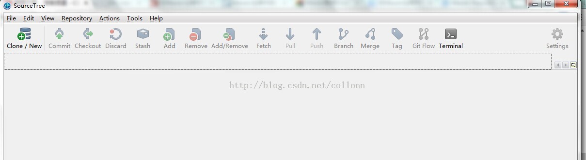 计算机生成了可选文字: SourceTree  File Edit View Repository Actions 1001s Help  Clone / New  Commit Checkout Discard  Stash  Add  Remove Add/Remove  Fetch  Push  Branch  Merge  Tag  Git Flow  Terminal  Setti ngs  http://blog- csdn. net/ collonn