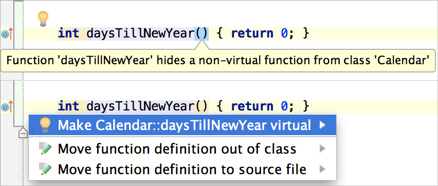int daysTillNewYear() { return 0; } Function 'daysTillNewYear' hides a non-virtual function fro int daysTillNewYear() { return 0; } Make Calendar::daysTillNewYear virtual