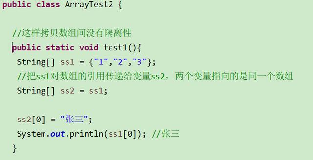 public class ArrayTest2 {  public static void  String[] SSI = {"1", "2", "3"};  String[] ss2 = SSI;  ss2[Ø] =  System. ;