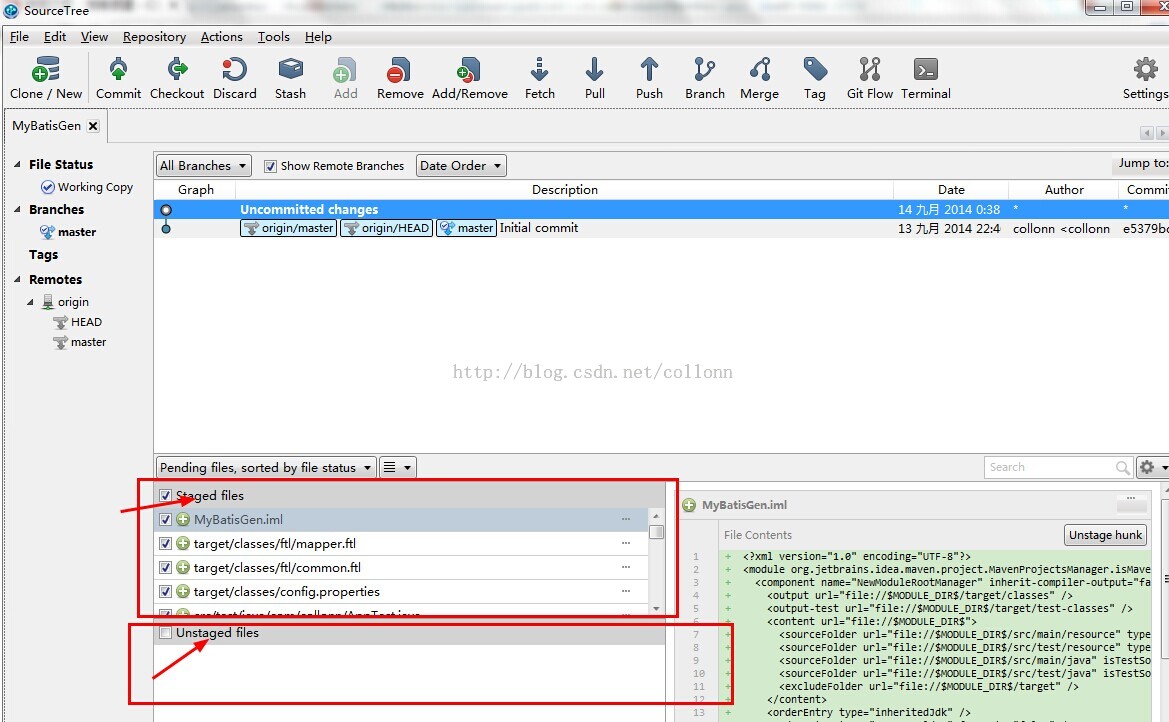 计算机生成了可选文字: SourceTree  File Edit View Repository Actions 1001s Help  Clone / New Commit Checkout Discard  Stash  Add  Re move  Ad d/ Re move  Fetch  pull  Pus h  1.9  Bra nch  Merge  ag  Git Flow  My8atisGen  File Status  @Working Copy  Branches  Tags  Remotes  origin  Show Remote Branches Date Order •  Terminal  14 2014 0:38  13 2014 22:4  Setti ngs  Jump to:  Commr  e5379b(  Graph  uncommitted changes  origin/ master  origin/HEAD  Pending files, sorted by file status •  ed files  MyBatisGen.iml  ta rget/classes/ftl/mapper.ftl  ta rget/cla s ses/ftl 'common.ftl  ta rget/cl a s ses/config.properties  Unstaged files  Description  master Initial commit  Author  collonn <collonn  http : // blog.  csdn„ net/ collonn  MyEatisGen.imI  File Contents  Oxml  Search  Q.  Unstage hu nk  •:mdule org.jetbrains.idea.maven.project.Mavenprojectsmanager.ismave  (cornponent  (output / >  (output-test //SÆOULE_DIRS/target/test-cIasses