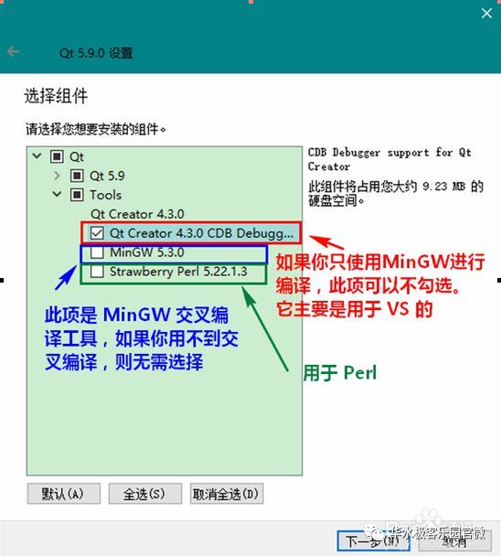 Qt5 ． 9 ． 0 设 置  选 择 组 件  请 选 您 想 要 安 装 的 组 件 。  v 回 Qt  回 Qt5.9  V 回 Tools  Qt Creator 43 ． 0  囝 Qt Creator 43 ℃ CDB Debugg..  traw rryPe  此 顶 是 MinGW 交 叉犏  译 工 具 ， 如 果 你 用 不 到 交  叉 编 译 ， 则 无 需 选 择  如  它  CDB Debugger support £ “ Qt  Creator  此 组 件 将 占 用 您 大 约 23 的  硬 盎 空 间 。  你 只 使 用 MinGW 进 行  ， 此 顶 可 以 不 勾 选 。  要 是 用 于 VS 的  用 于 Perl  默 认  全 选  取 消 全 选 劬