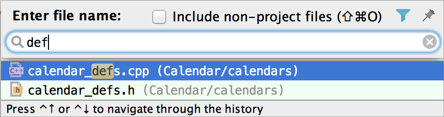 Enter file name: defl Q Include non-project files (OSCO) calendar=js. cpp (Calendar/calendars) (Calenda r/calenda rs) calendar defs.h Press At or 'u to navigate through the history