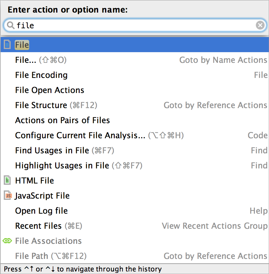 Enter action or option name: Q file e File File... File Encoding File Open Actions File Structure (&€F12) Actions on Pairs of Files Configure Current File Analysis... Find Usages in File (3€F7) Highlight Usages in File (03€F7) HTML File JavaScript File Open Log file Recent Files @ File Associations File Path (X#€F12) Goto by Name Actions File Goto by Reference Actions (XO}€H) Code Find Find Help View Recent Actions Group Goto by Reference Actions Press At or to navigate through the history
