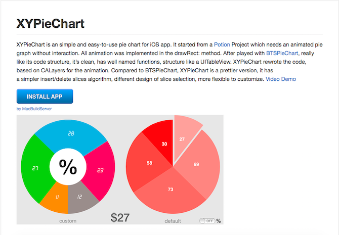 计算机生成了可选文字: XYPieChart XYPieChart is an simple and easy-to-use pie chart for iOS app. It started from a Potion Project w graph without interaction. All animation was impletnented in the drawRect.• method. After played ike its code structure, clean. has well named functions, structure like a UITableV1ew. based on CALayers for the animation. Compared to BTSPieChart, XYPieChart is a prettier a simpler insert/delete slices algorithm, different design of slice selection, more flexible to INSTALL APP
