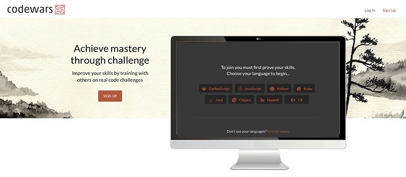 计算机生成了可选文字: codewarsO 5 Achieve mastery through challenge your skills by trainingwith others on real code challenges In Sin To join first r Ski to