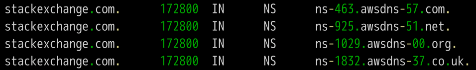 stackexchange.  stackexchange.  stackexchange.  stackexchange.  com.  com.  com.  com.  172800  172800  172800  172800  IN  IN  IN  IN  NS  NS  NS  NS  ns—463.  awsdns-  57.  com.  ns-925 .  awsdns-  51 .net.  ns-1029 .  awsdns-00  . org.  ns-1832.  awsdns-  37.  co.uk.