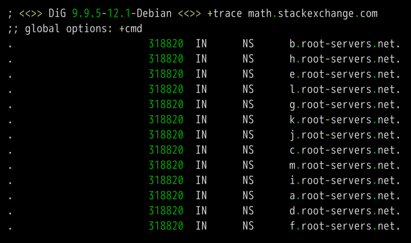 DiG 9.9.5-12.1-  Debian <<>> +trace math.stackexchange.com  global options: +cmd  318820  318820  318820  318820  318820  318820  318820  318820  318820  318820  318820  318820  318820  IN  IN  IN  IN  IN  IN  IN  IN  IN  IN  IN  IN  IN  NS  NS  NS  NS  NS  NS  NS  NS  NS  NS  NS  NS  NS  b. root-servers.net.  h. root-servers.net.  e. root-servers.net.  l. root-servers.net.  g. root-servers.net.  k. root-servers.net.  j. root-  servers. net.  c. root-servers.net.  m. root-servers.net.  i. root-servers.net.  a. root-servers.net.  d. root-servers.net.  f. root-servers.net.