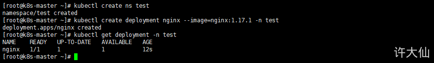 在名称为test的命名空间下创建名为nginx的deployment.png