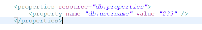   <properties resource="db.properties"><br />           <property name="db.username" value="root"/><br />       </properties><br />