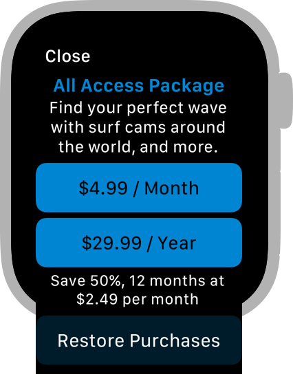 显示描述订阅好处的模式视图的应用程序的屏幕截图。 说明下方是两个蓝色按钮。 第一个按钮的标题为每月 4.99 美元,第二个按钮的标题为每年.png
